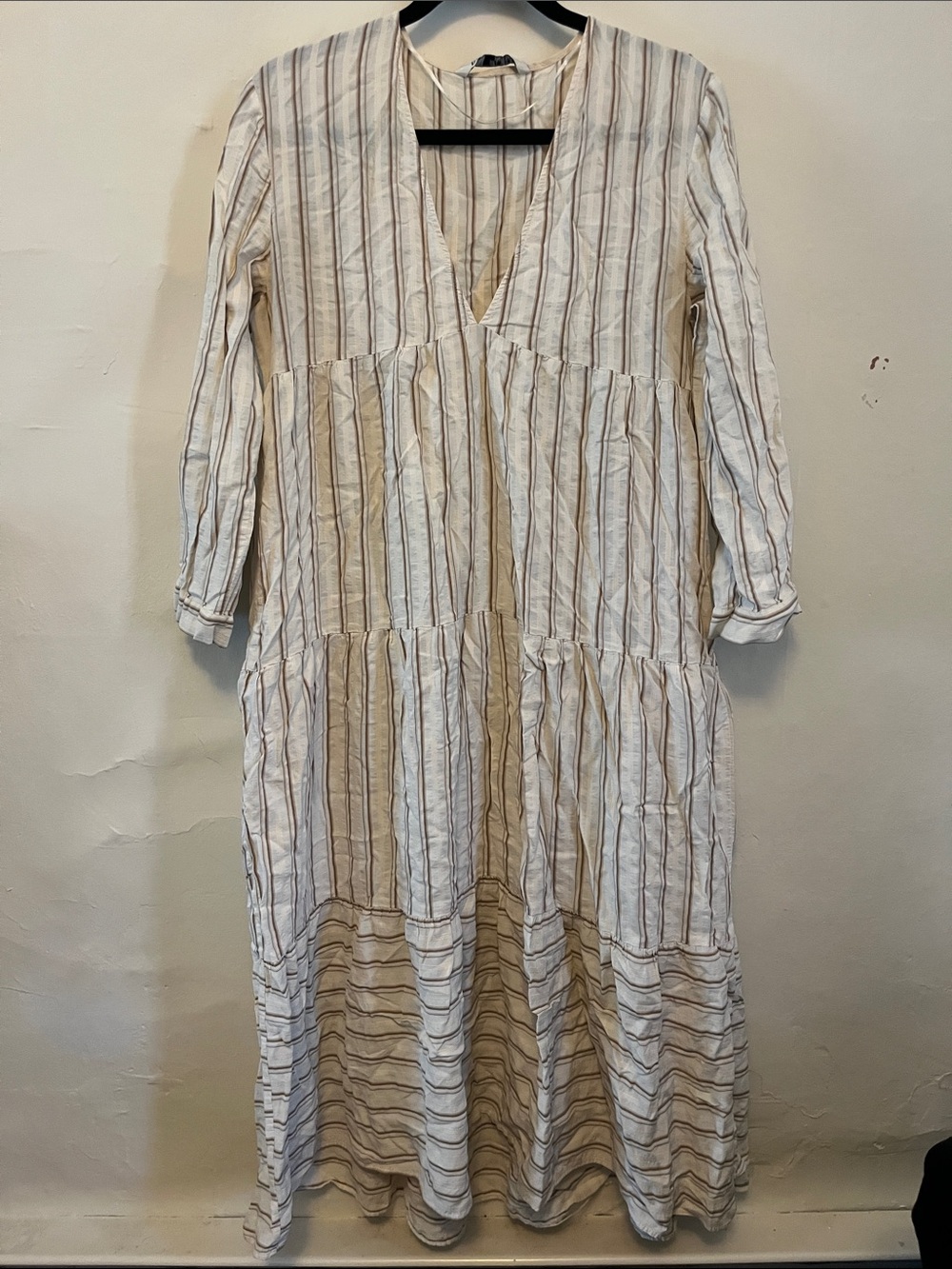 Zara White Maxi Dress with Tan Stripes
